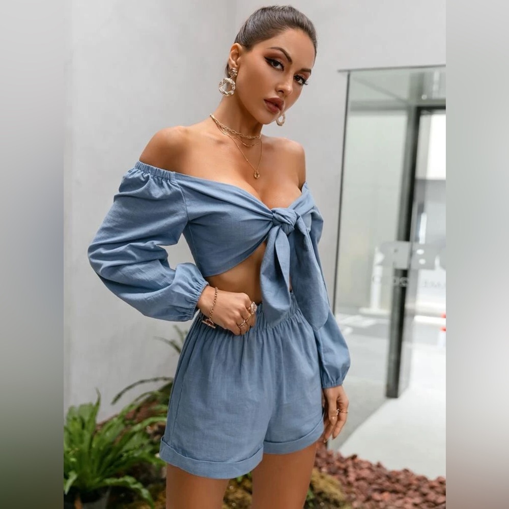 Off Shoulder Tie Front Top & Shorts Set